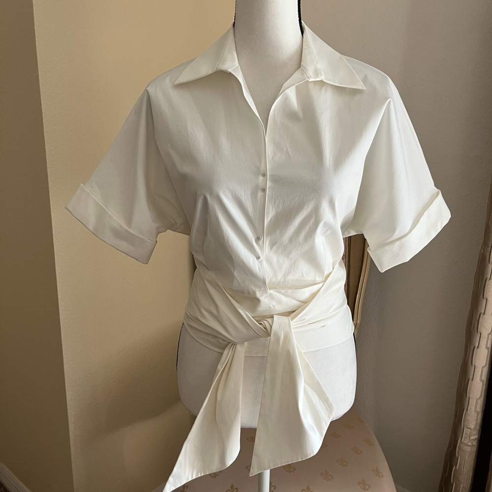 Michael Kors White Wrap Self Long Sarong Tie Short Sleeve Cotton Shirt. Size 8